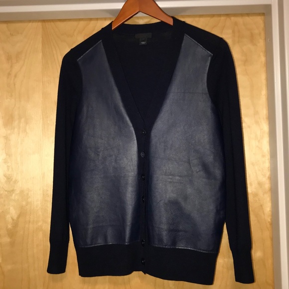 J CREW COLLECTION LEATHER MERINO CARDIGAN NAVY S - Picture 5 of 8